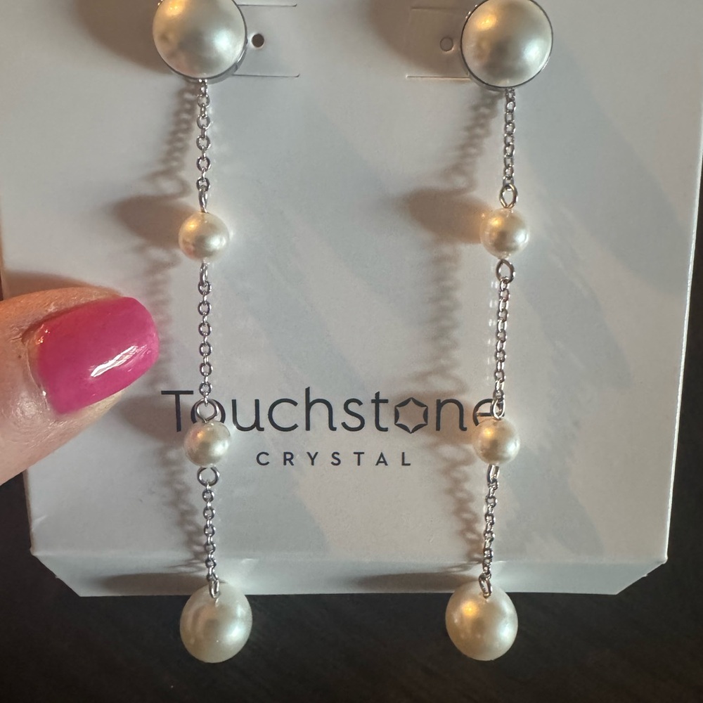 Touchstone Crystal White Pearl Chain Earrings